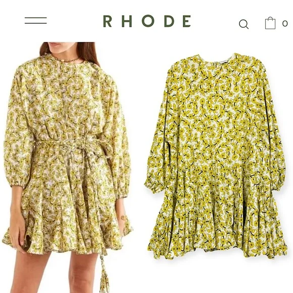 Rhode Resort Ella Yellow Floral Print Cotton Poplin Mini Dress M Boho No Belt - Picture 2 of 14
